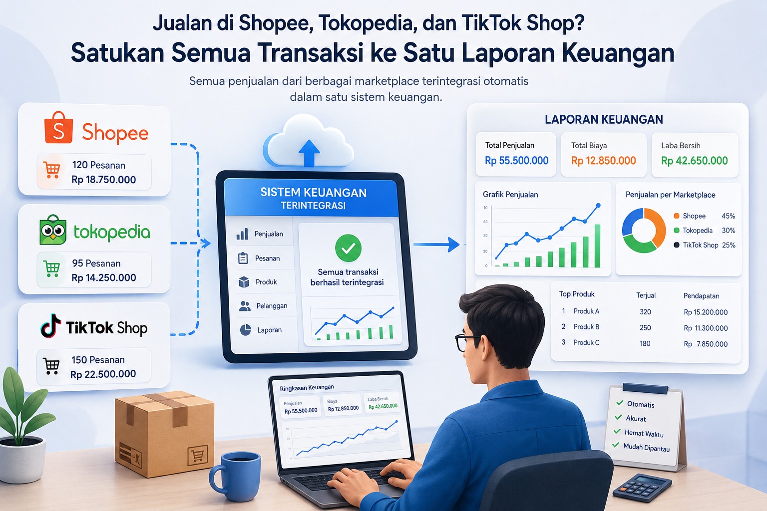 Jualan di Shopee, Tokopedia, dan TikTok Shop? Satukan Semua Transaksi ke Satu Laporan Keuangan