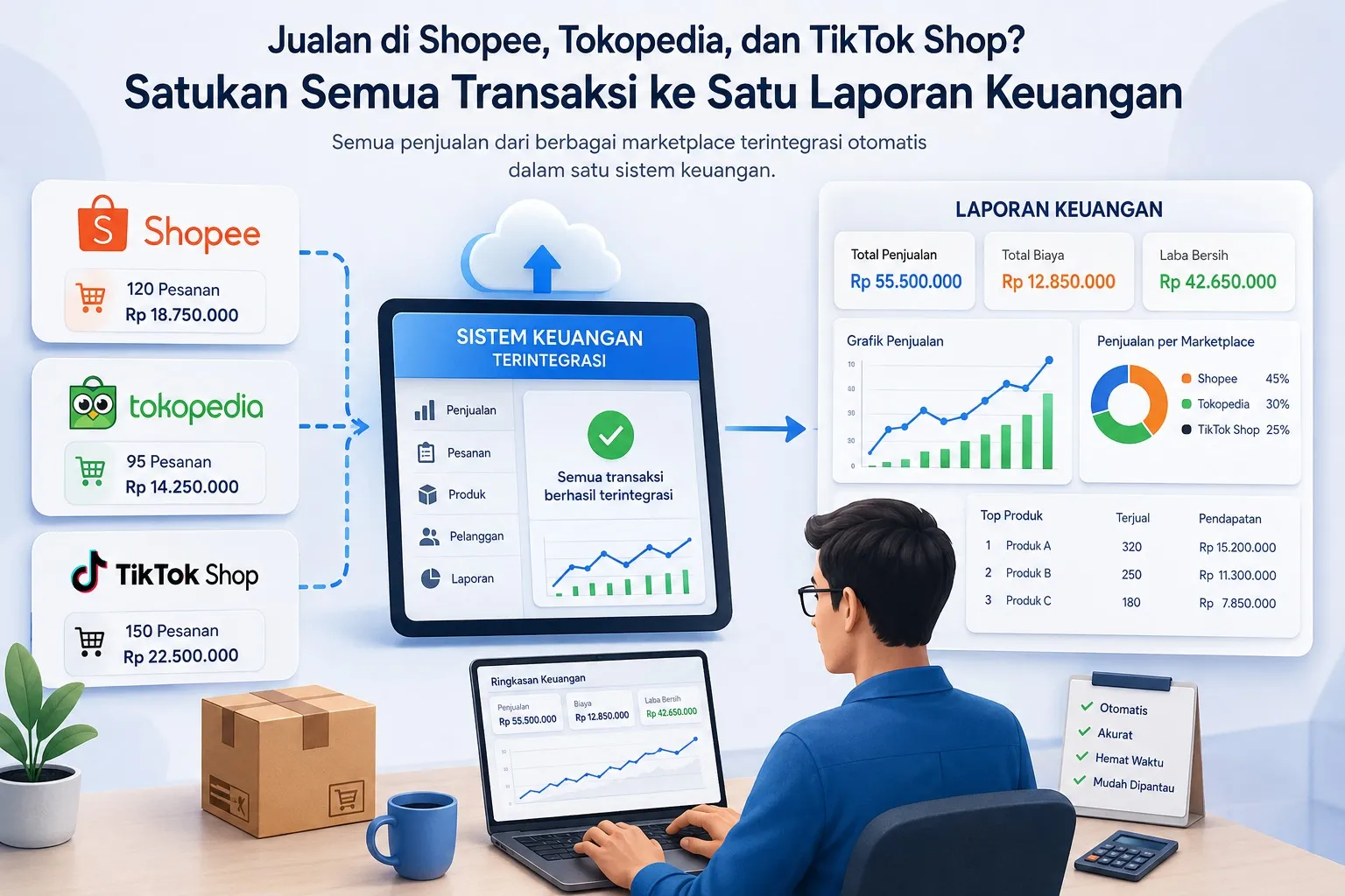 Jualan di Shopee, Tokopedia, dan TikTok Shop? Satukan Semua Transaksi ke Satu Laporan Keuangan